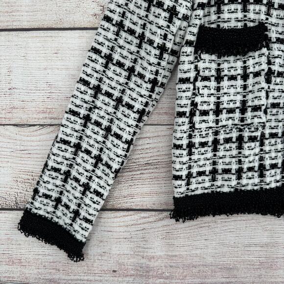 Zara Boucle Beaded Plaid Open Front Jacket Womens Small Black White Fringed NEW - Picture 5 of 11